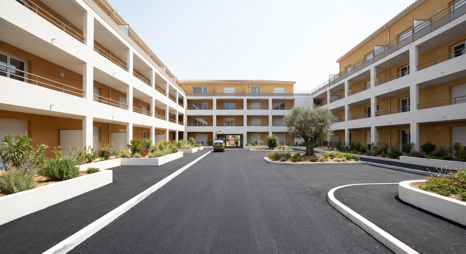 Cour intérieure d'une résidence collective moderne de quatre étages, façades blanc et ocre, balcons filants. Sol en enrobé bitumineux noir fraîchement compacté, surface lisse et uniforme. Bordures béton blanches délimitant des zones de circulation. Espacements paysagers avec végétation méditerranéenne, olivier isolé. Travaux de VRD réalisés, compacteur en retrait. Lumière naturelle zénithale, ciel dégagé.