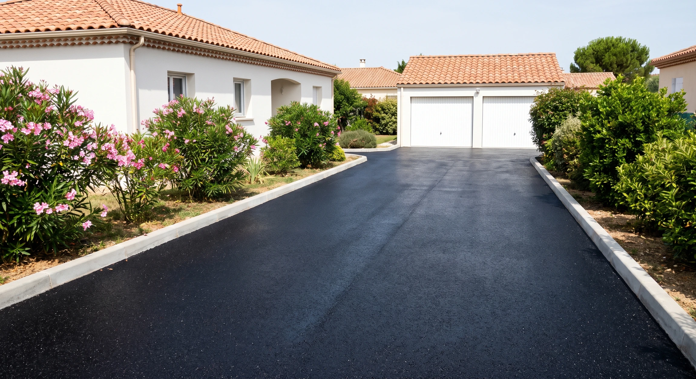 Allée privée en enrobé bitumineux noir brillant fraîchement posé, vue perspective depuis l'entrée, menant à un garage double blanc. Maison individuelle plain-pied blanche avec toiture en tuiles romanes terre cuite, jardins latéraux avec oléanders en fleurs roses et massifs arborés. Bordures béton gris clair délimitant l'allée. Surface lisse d'environ 80 m², tracé droit, finition professionnelle impeccable.