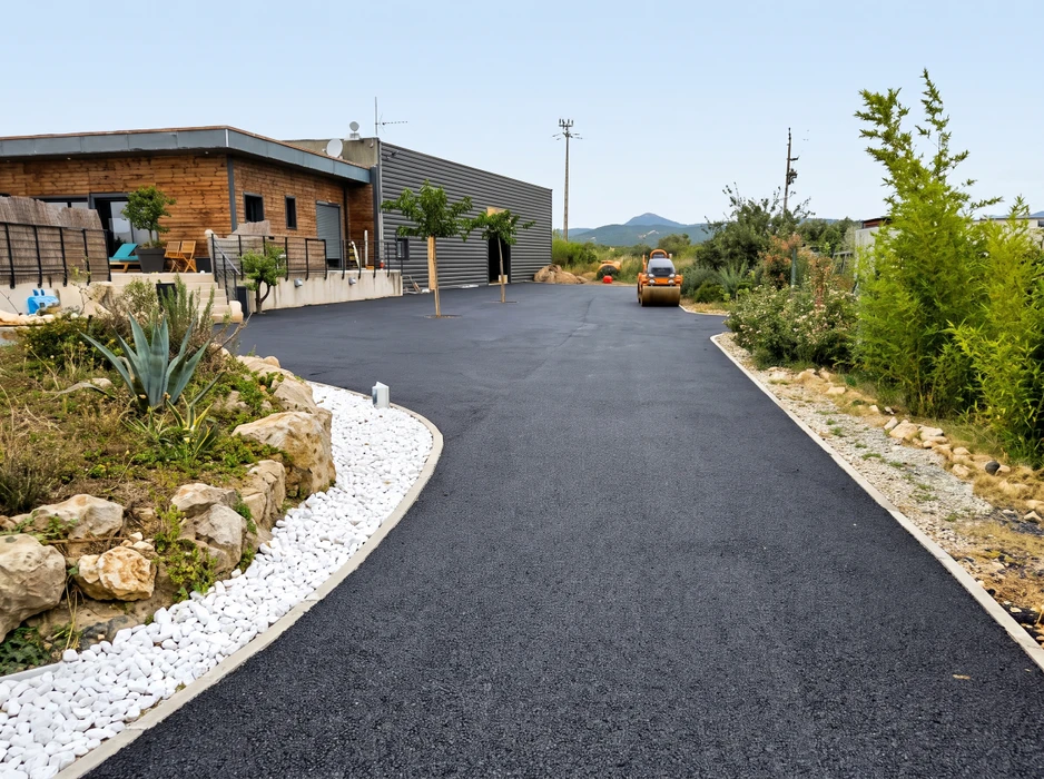 Allée privée en enrobé bitumineux noir fraîchement posé, bordée de galets blancs décoratifs et de rochers naturels