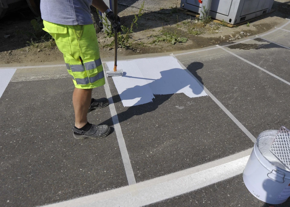 Parking récemment asphalté avec un arbre isolé sur îlot béton central